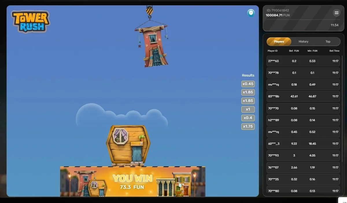 Tower Rush demo round played in FUN credits ending with a 73.3 win next to the live players list