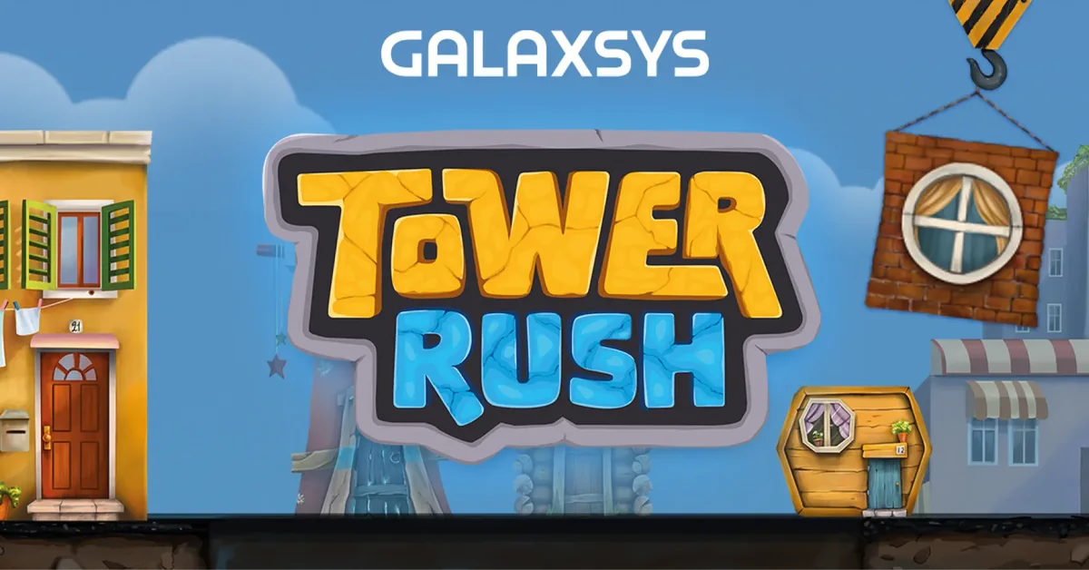 Tower Rush logo by Galaxsys above the animated city street of the game