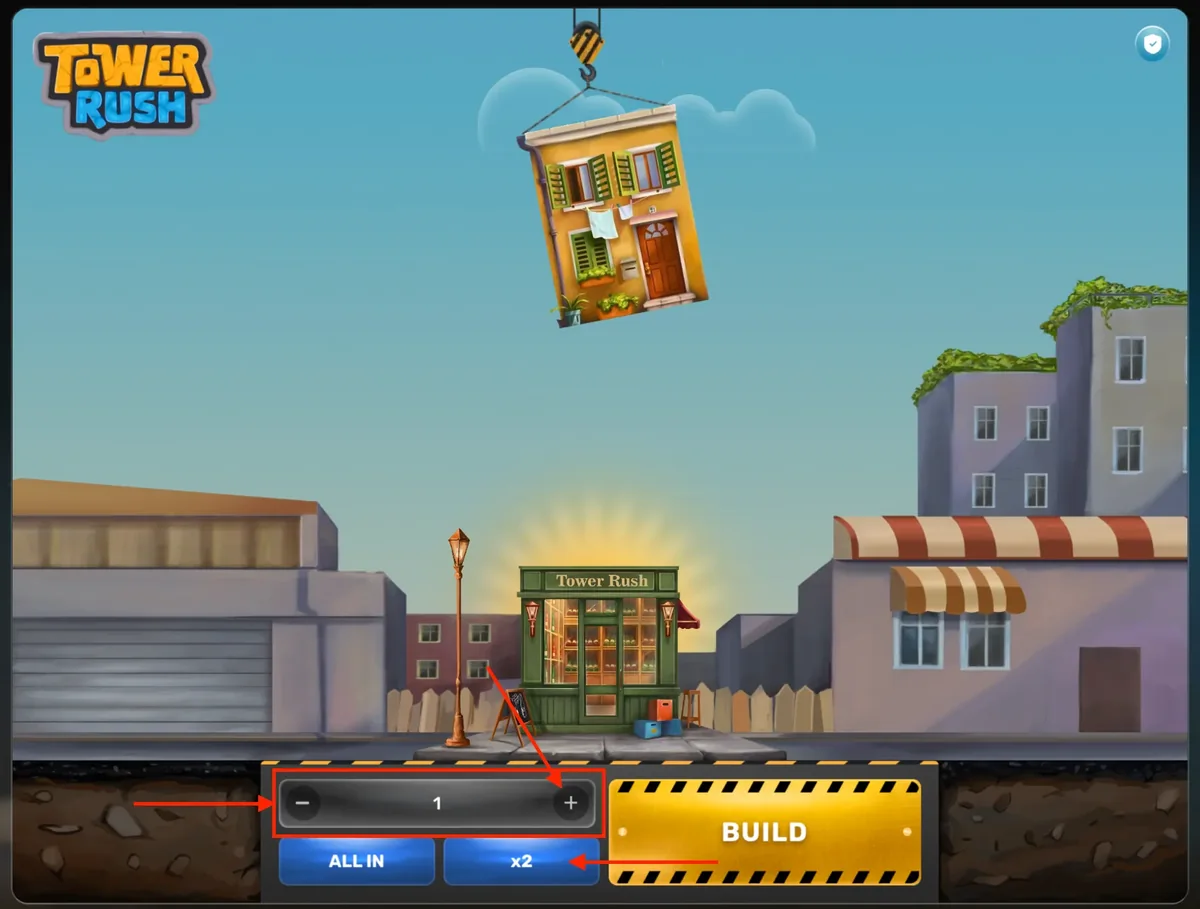 Tower Rush interface with a floor on the crane, the bet stepper and the Build button