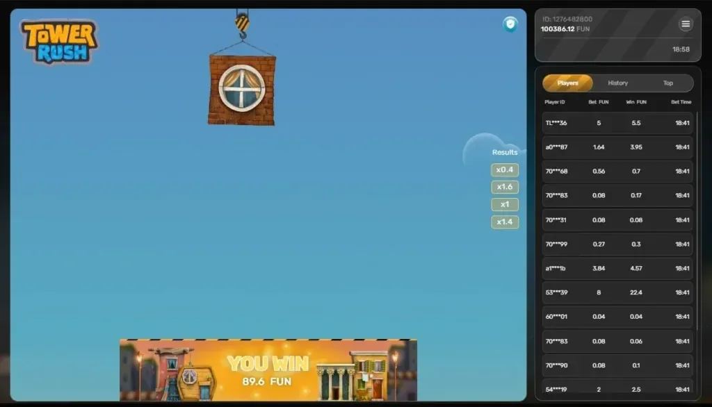 Tower Rush round paying out 89.6 with recent multipliers listed in the results panel